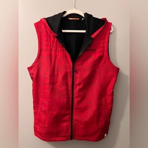 Men’s Medium Cutter & Buck sport Vest with hoodie.  Red pattern with black lined